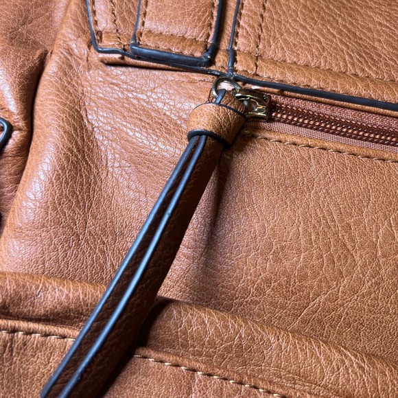 Vintage Style Tan Faux Leather Satchel Bag Plaid Lining Handle Shoulder Strap - Picture 5 of 13